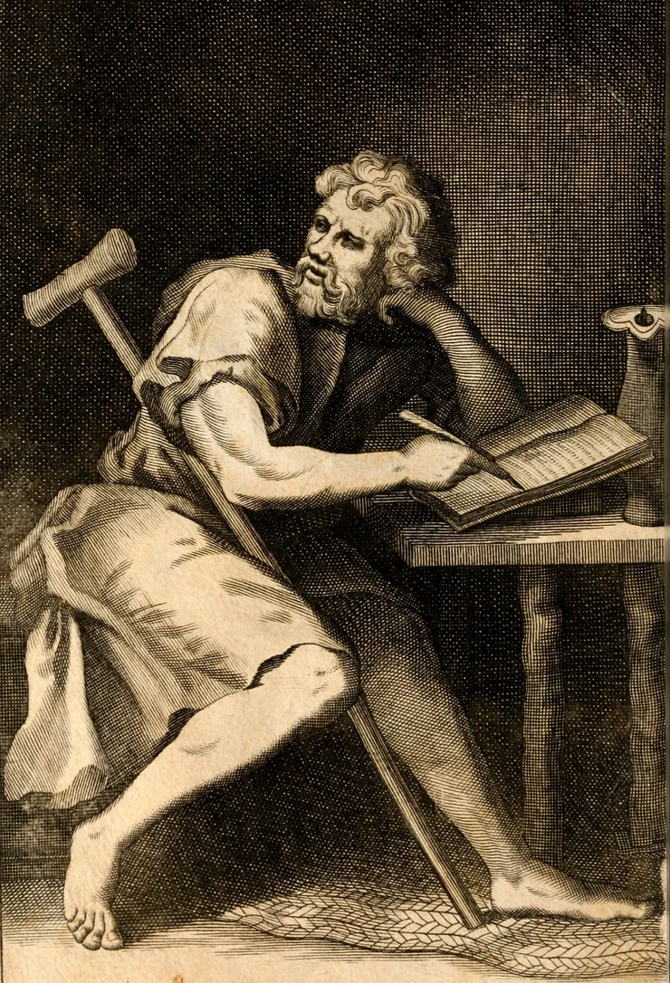 An engraved portrayal of Epictetus seated with a crutch, from a 1715 edition of the Enchiridion.
