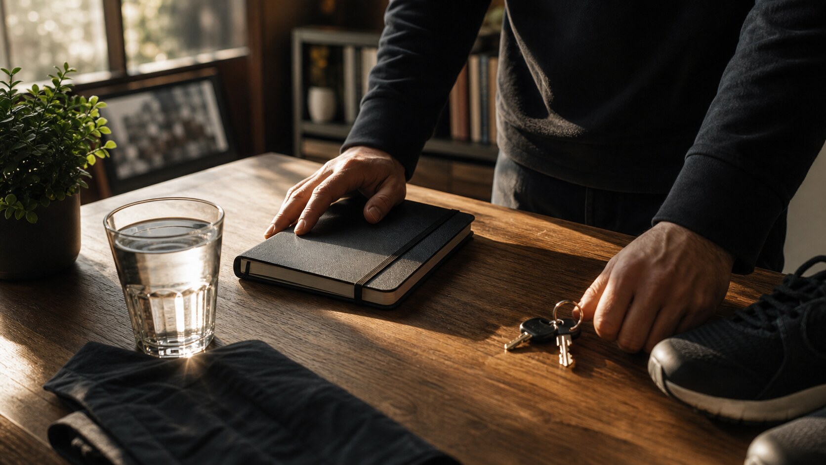 A hand closing a notebook beside water and keys