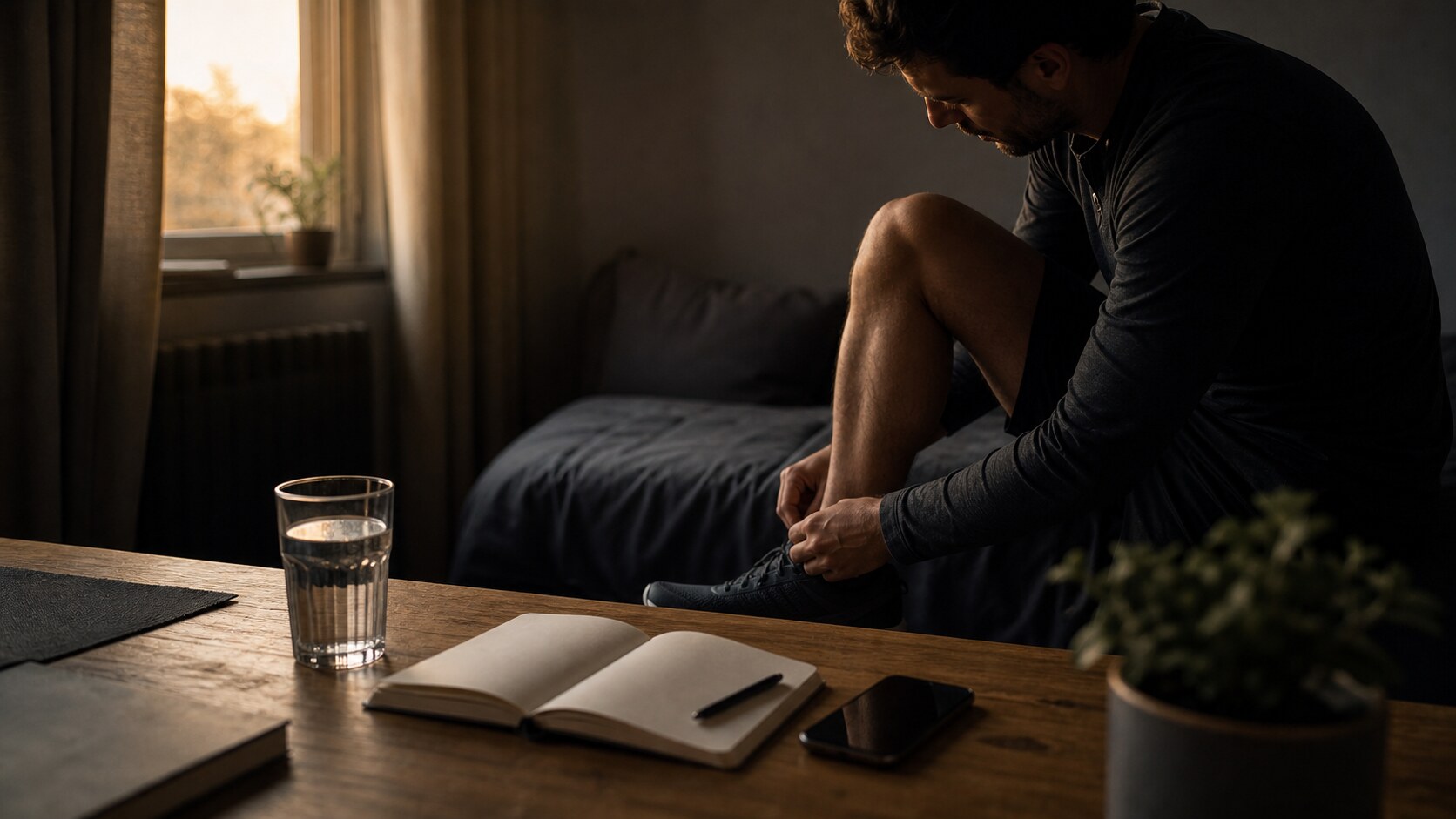 A person tying running shoes beside a notebook during early recovery