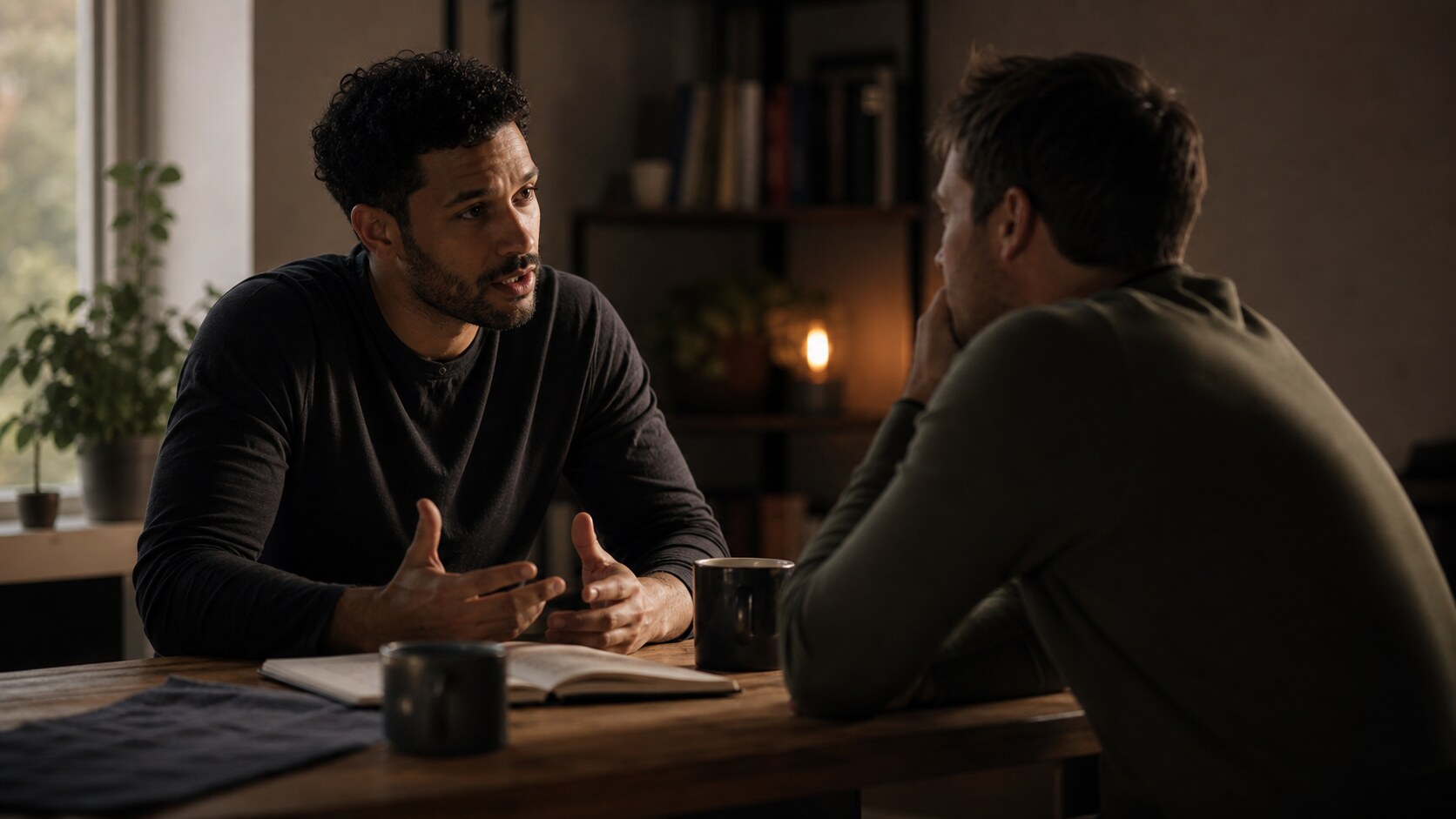 Two adults having an honest supportive conversation at a table