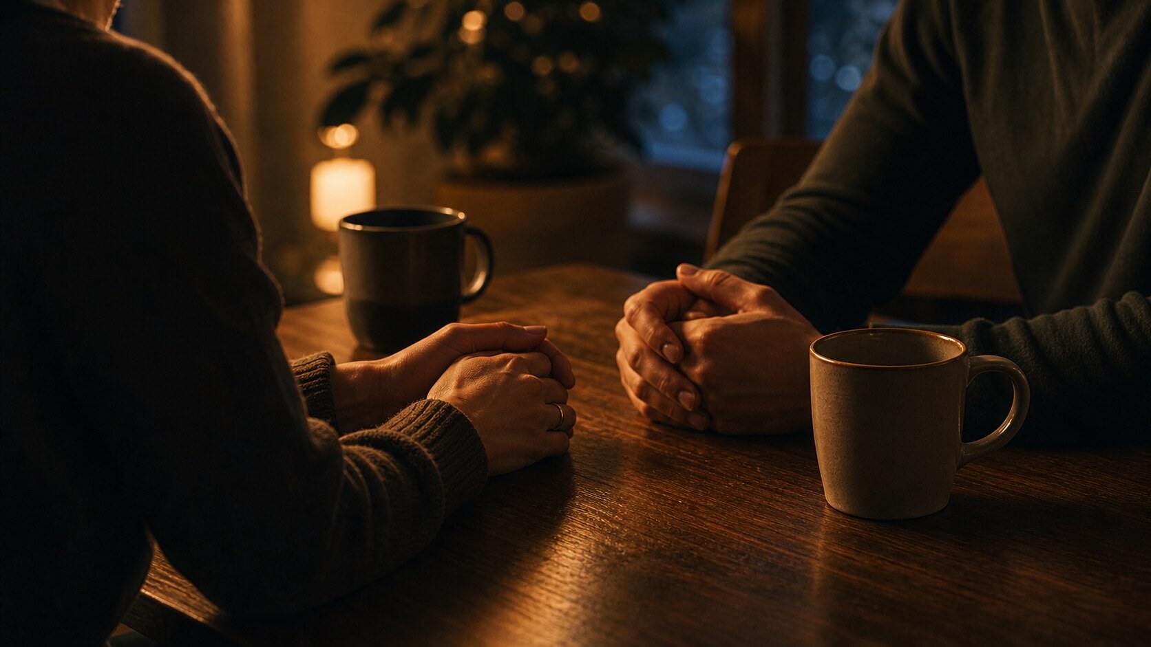 Two people in a grounded conversation at a table: earned security starts when the pattern is named clearly