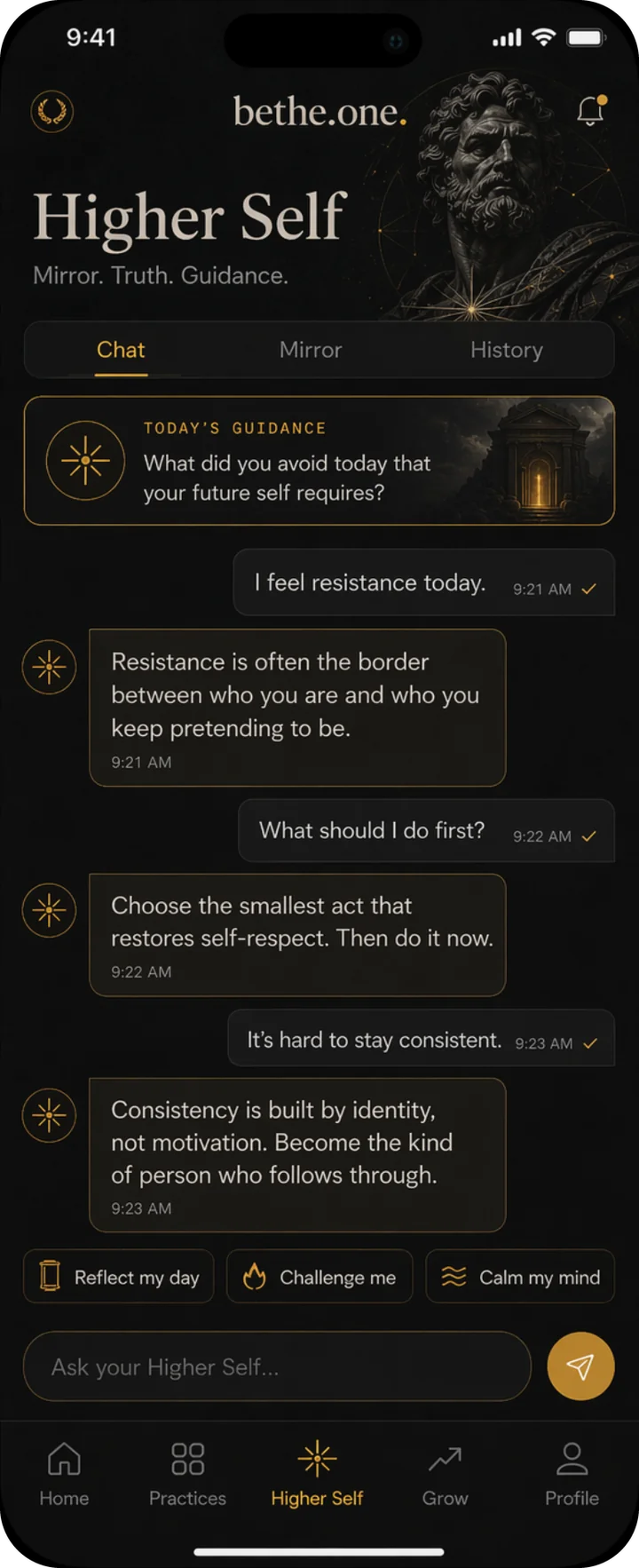 BE THE ONE Higher Self chat screen