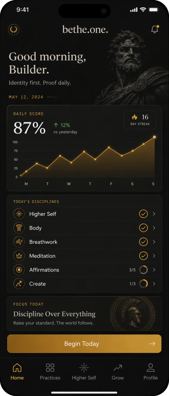 BE THE ONE daily command center home screen