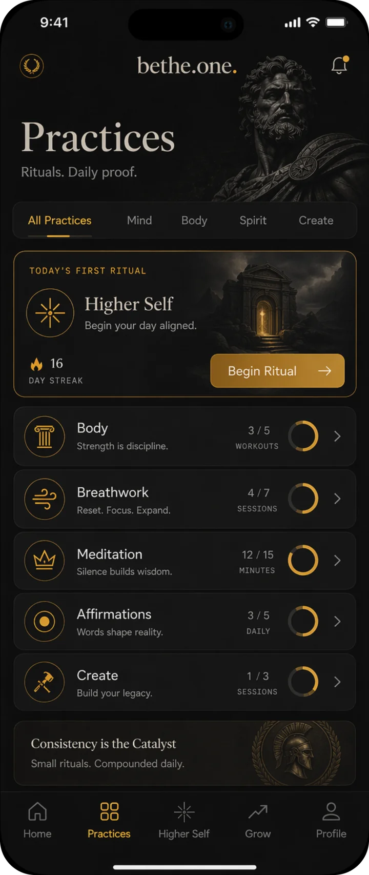 BE THE ONE Practices screen with six daily rituals