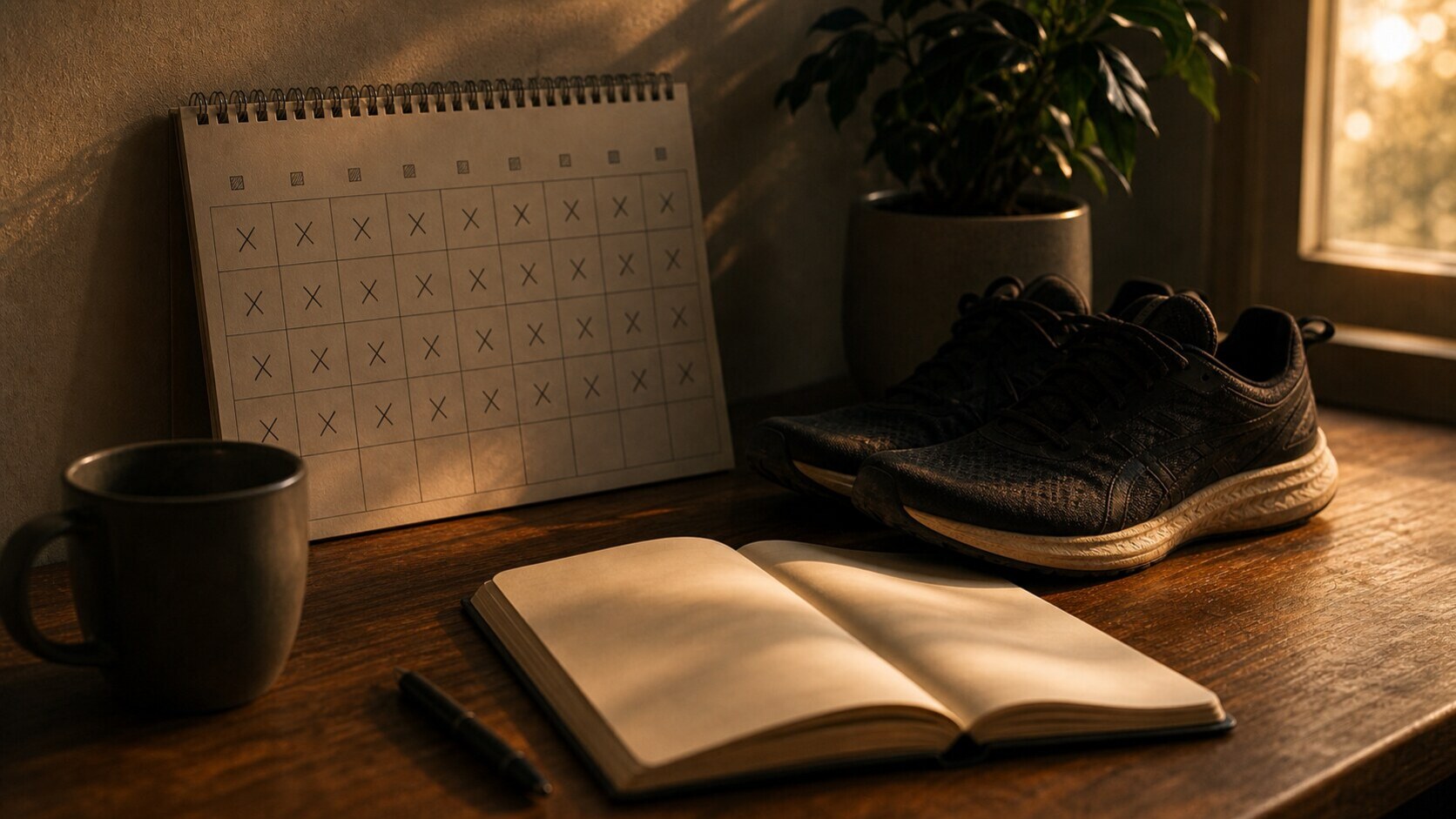 Boring discipline made visible - the same daily action repeated at the same hour, lit by warm light