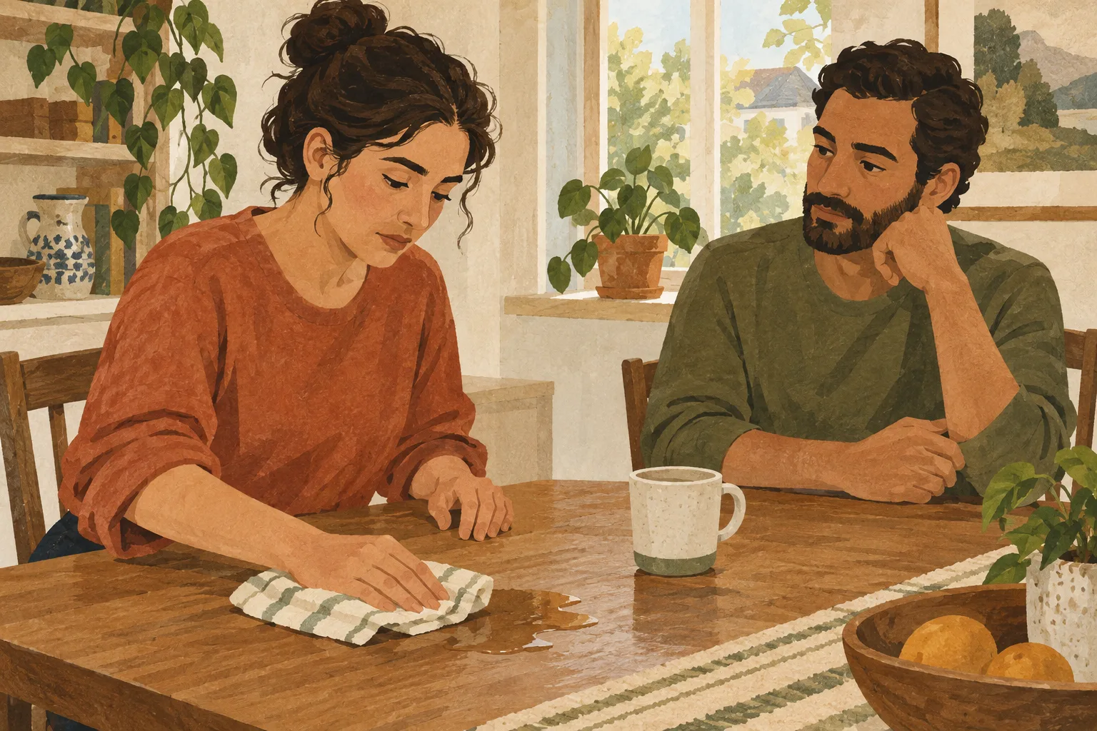 Illustration of one person wiping spilled water from a table beside an upright cup while another person listens calmly.
