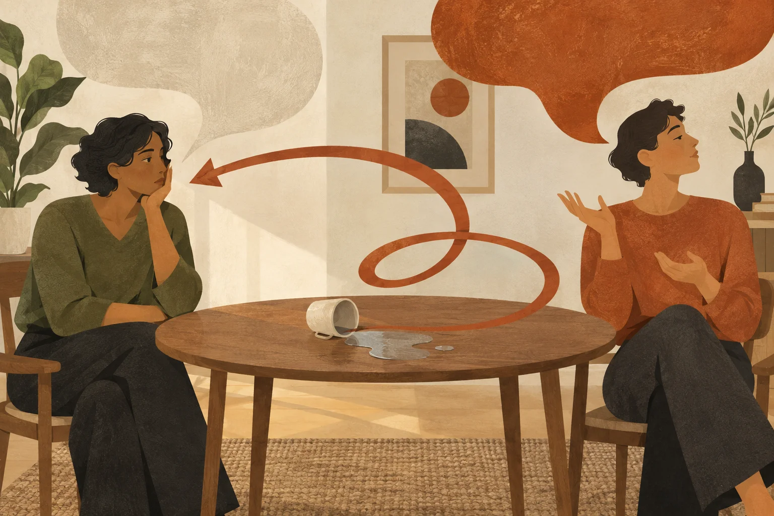 Illustration of two people at a table, with a conversation looping away from a spilled cup toward the person raising the concern.