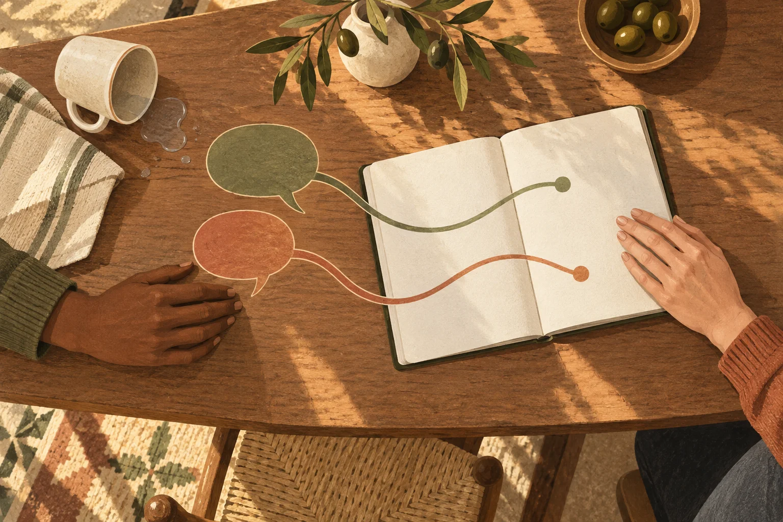 Illustration of a spilled cup beside a notebook, with two separate paths representing concerns that can both be heard.