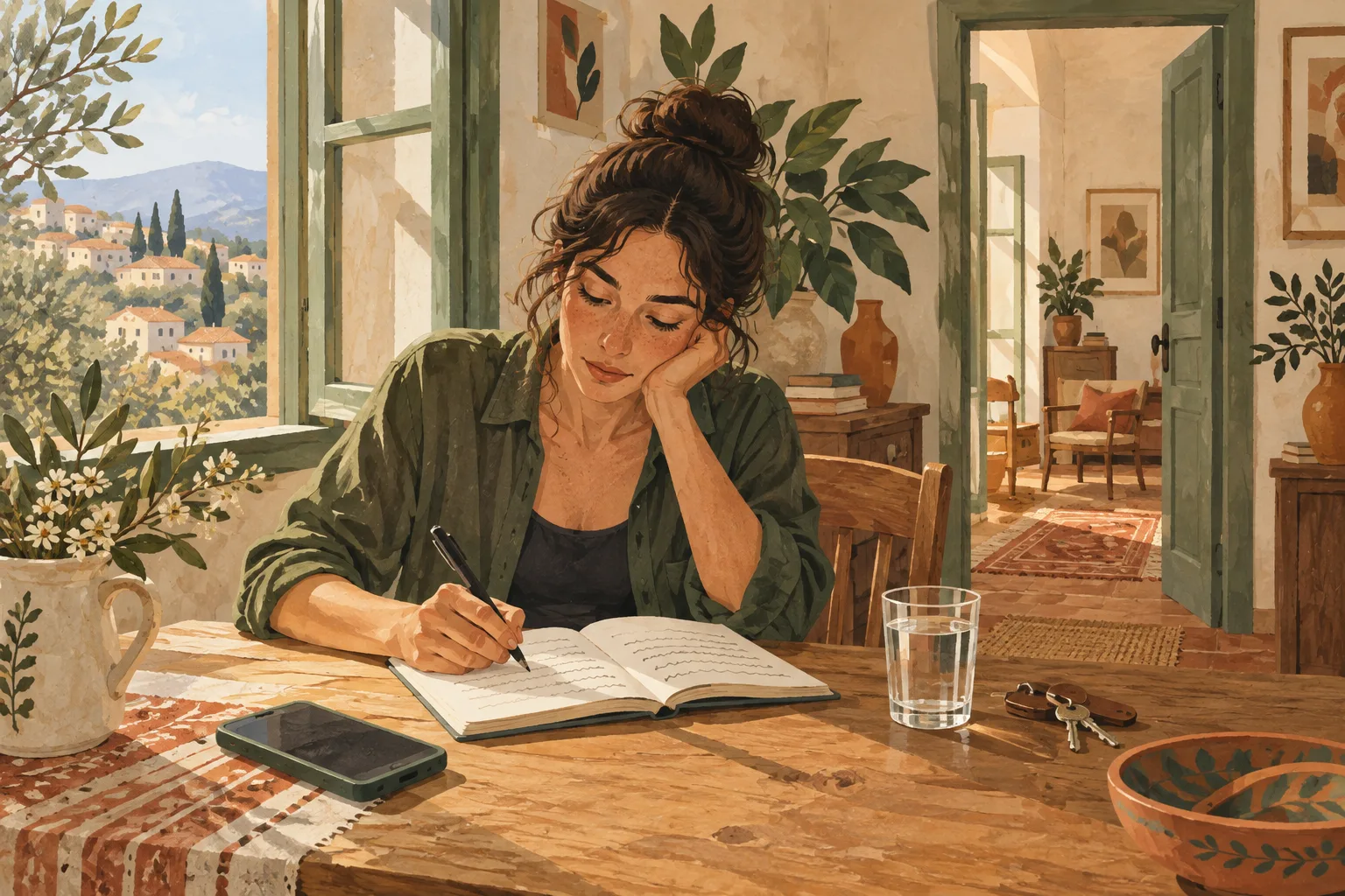 Illustration of a person reflecting in a journal beside an open window, with a phone and keys resting on the table.