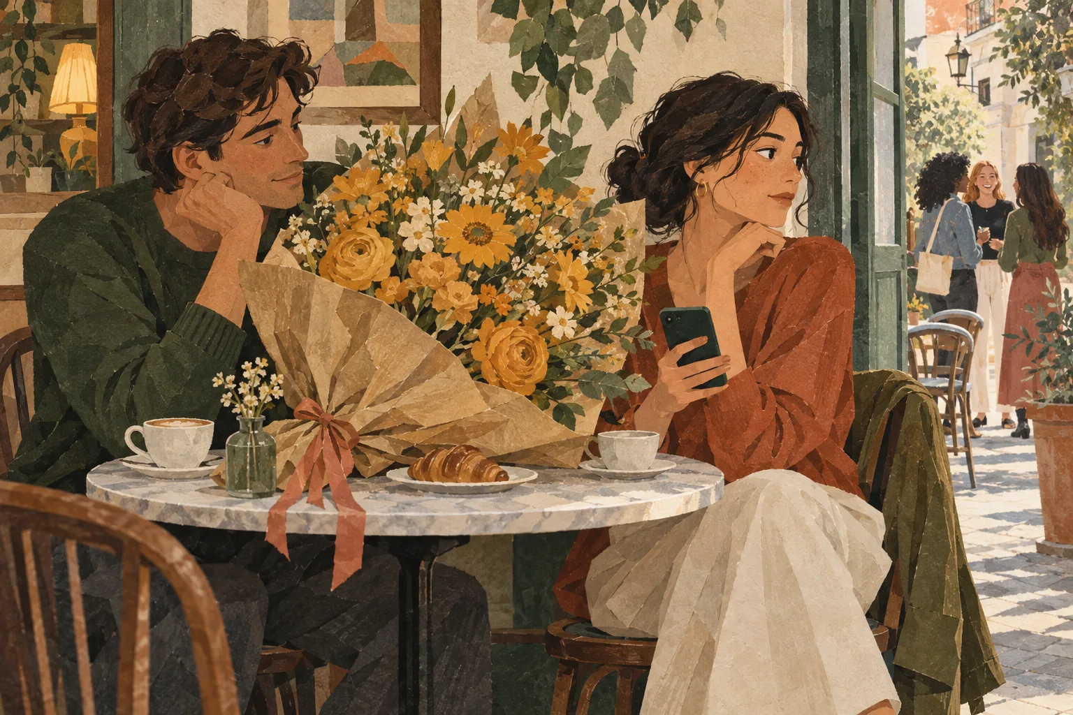 Illustration of a couple at a cafe table filled by a bouquet, while one person looks toward friends outside the open door.