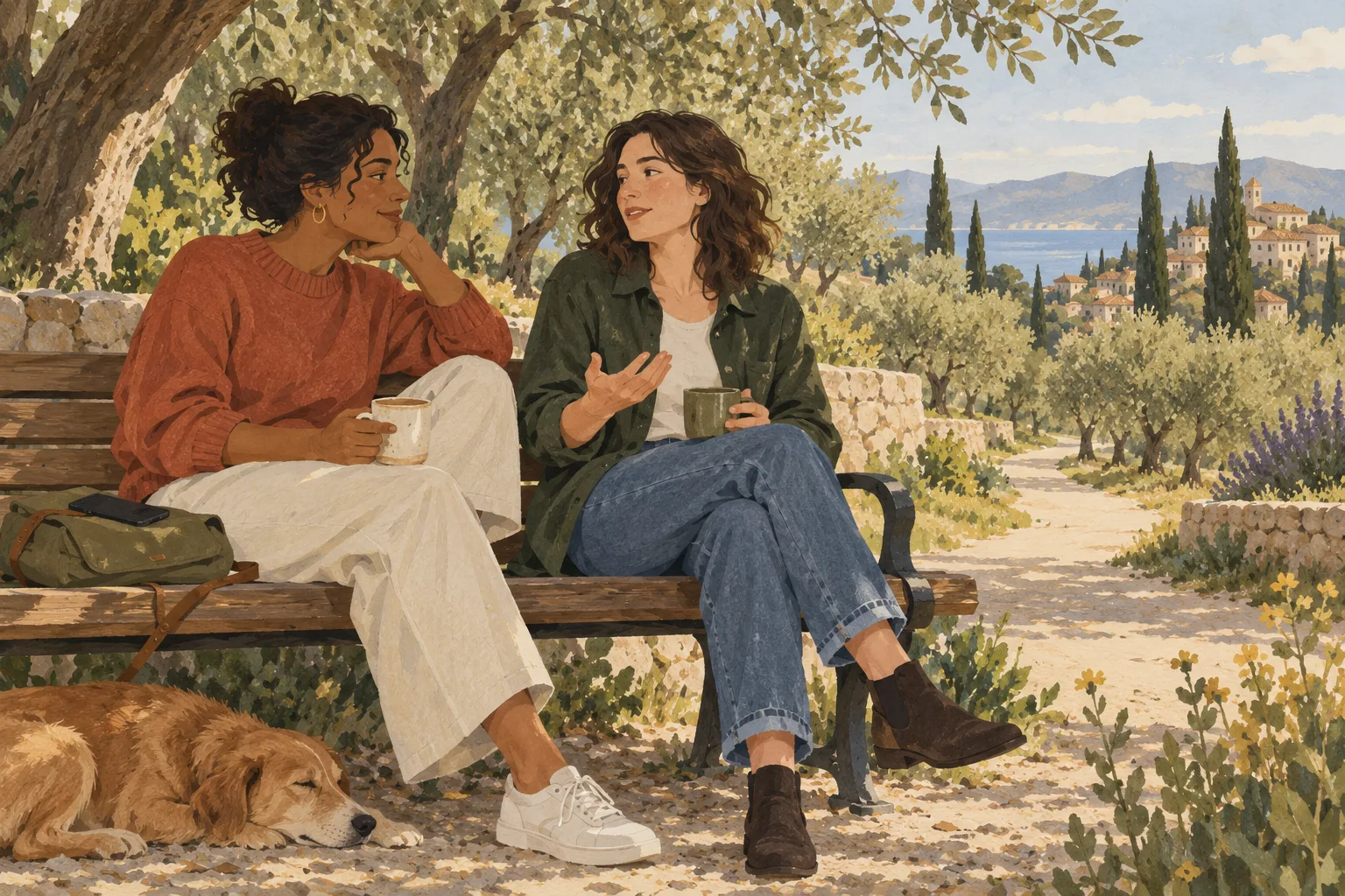 Illustration of two friends talking on a sunny park bench, with a phone set aside on a bag.