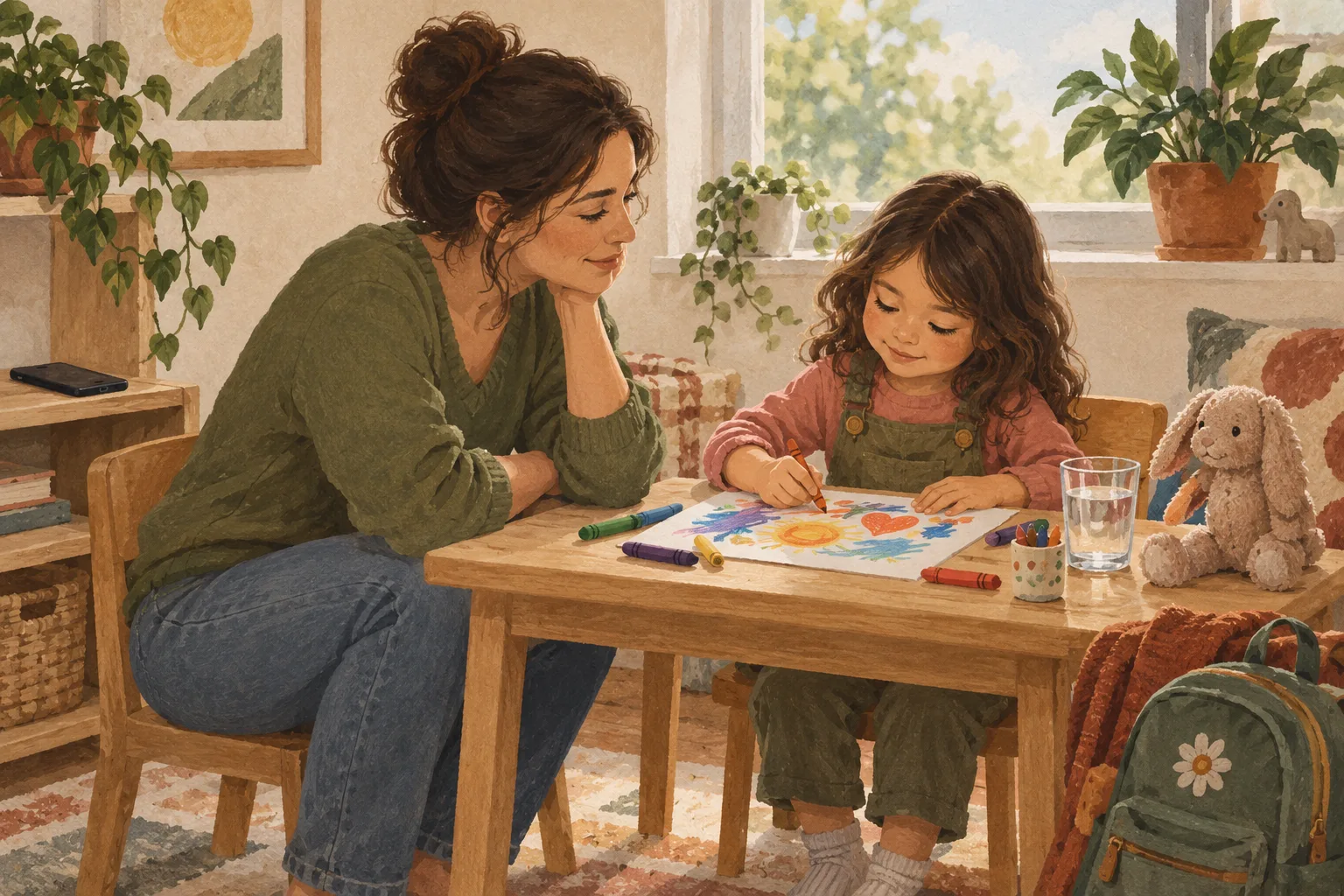Illustration eines Kindes, das am Tisch zeichnet, während ein Elternteil ruhig und aufmerksam daneben sitzt.