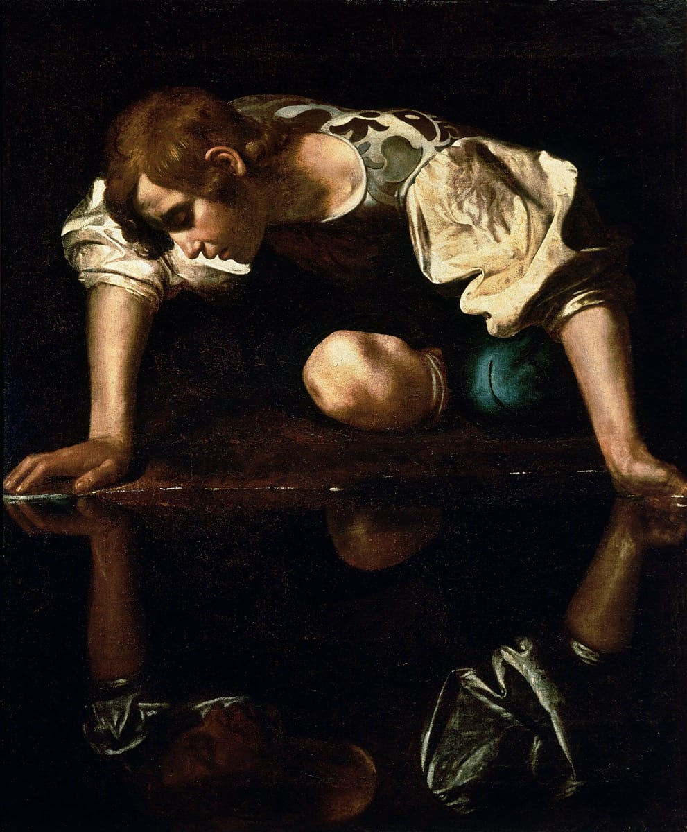 Caravaggio's Narcissus gazing at his reflection: self-examination is the oldest form of the practice