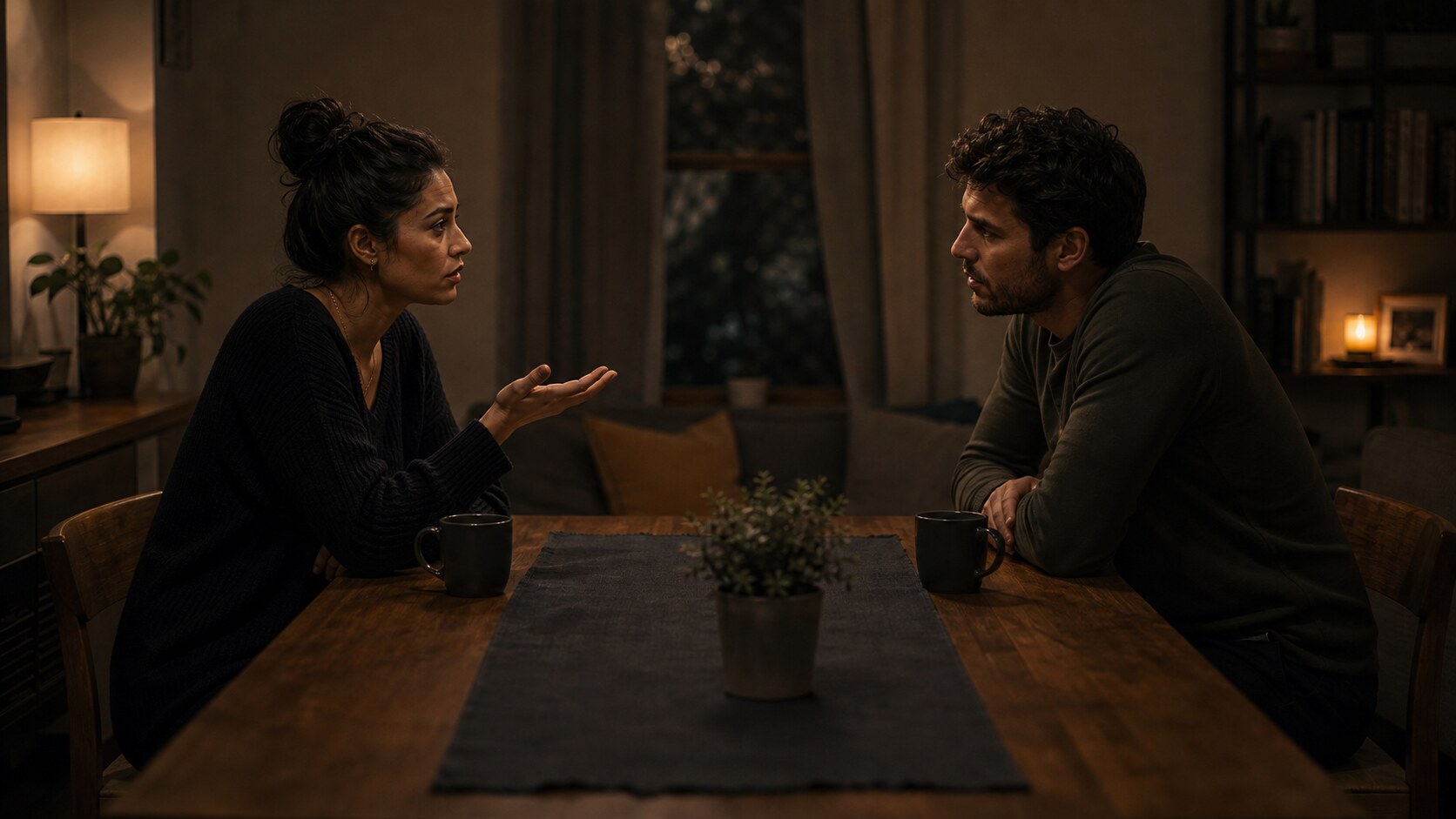 Two adults having a grounded conversation at a table
