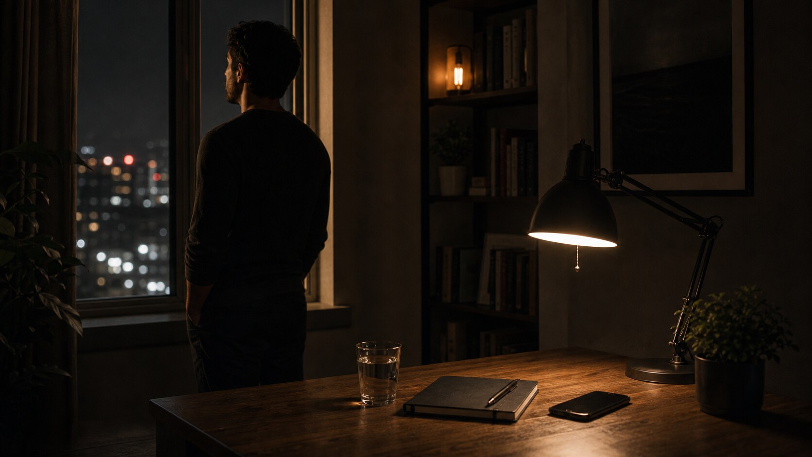 A person standing by a window beside a closed phone and notebook