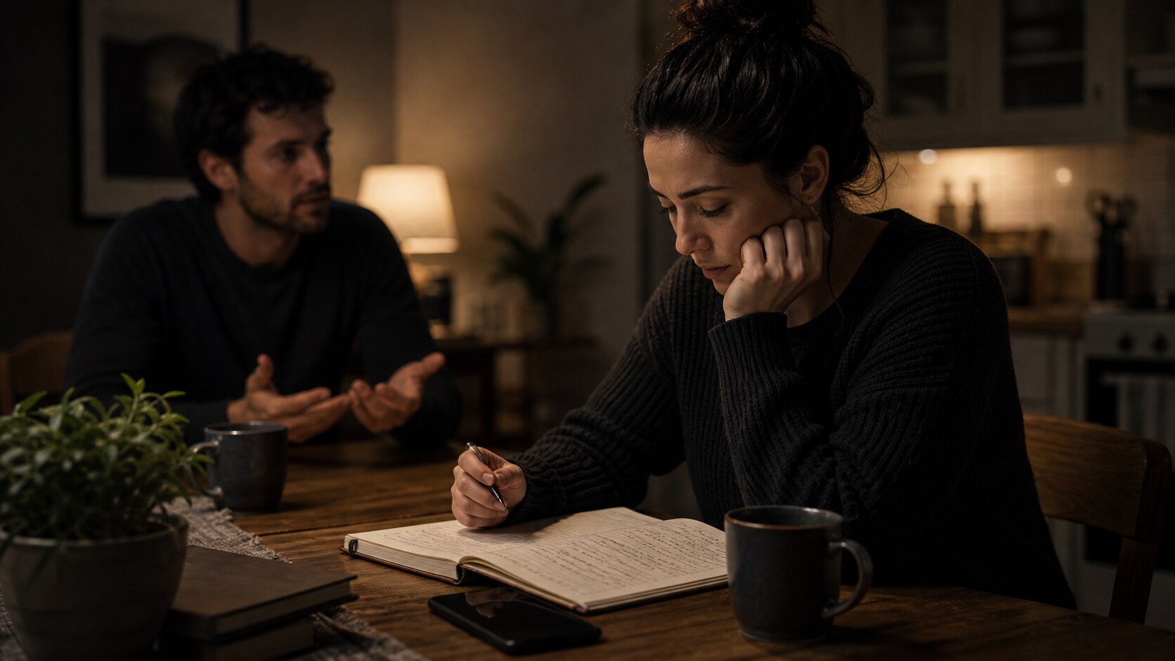 A person reviewing notes at a dim kitchen table after a confusing conversation