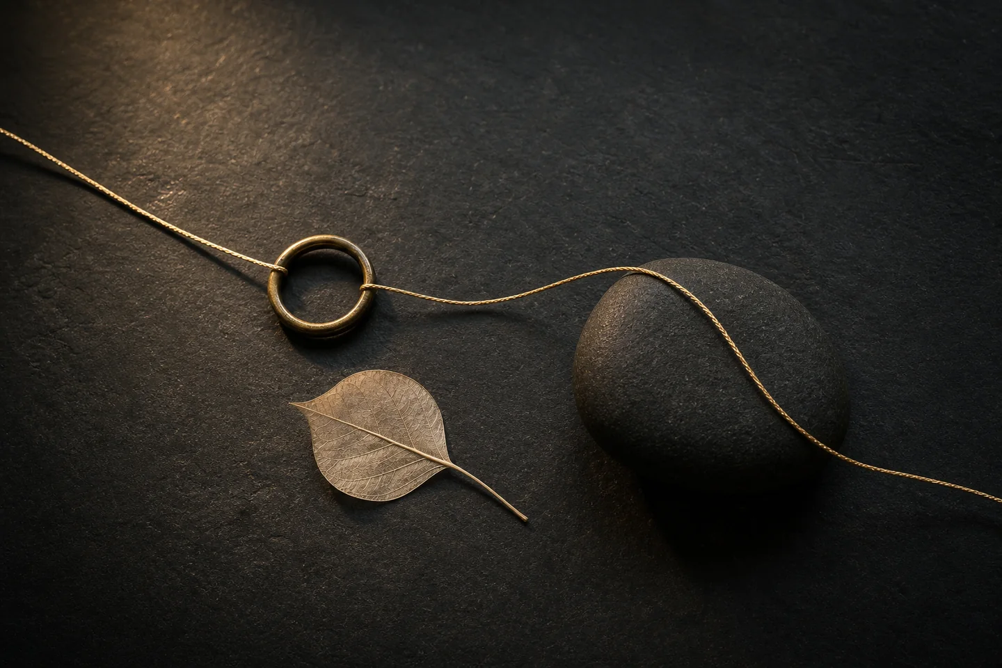 A gold thread passes through a brass ring, around a river stone, and beyond the frame, symbolizing a continuing bond after loss