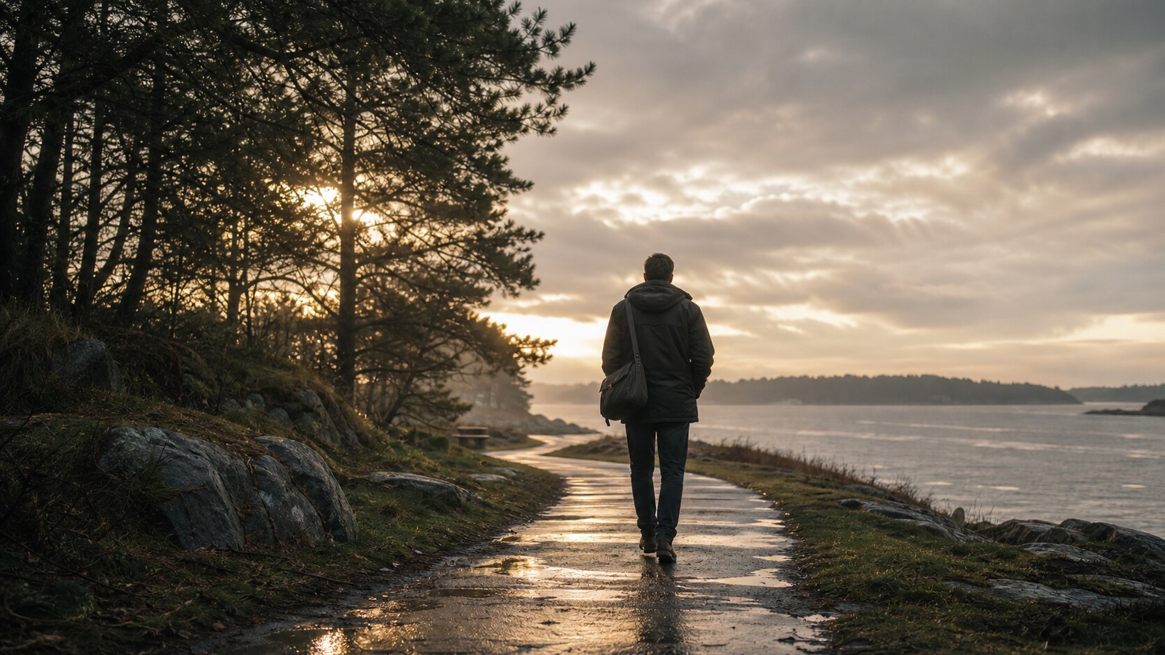 A person walking beside the water after rain: processing grief means carrying the love forward into a changed life