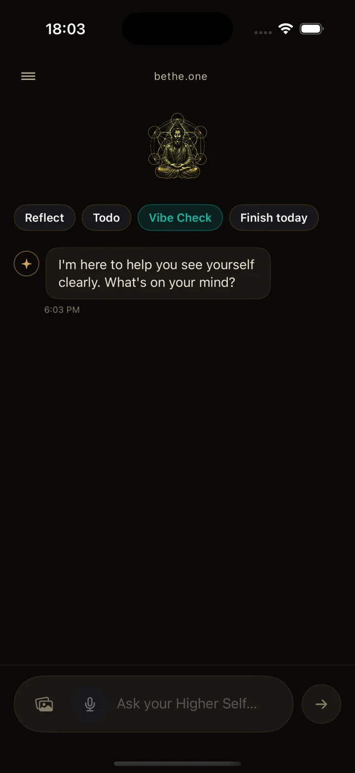 The real Higher Self conversation screen with Reflect, Todo, Vibe Check, and Finish today actions
