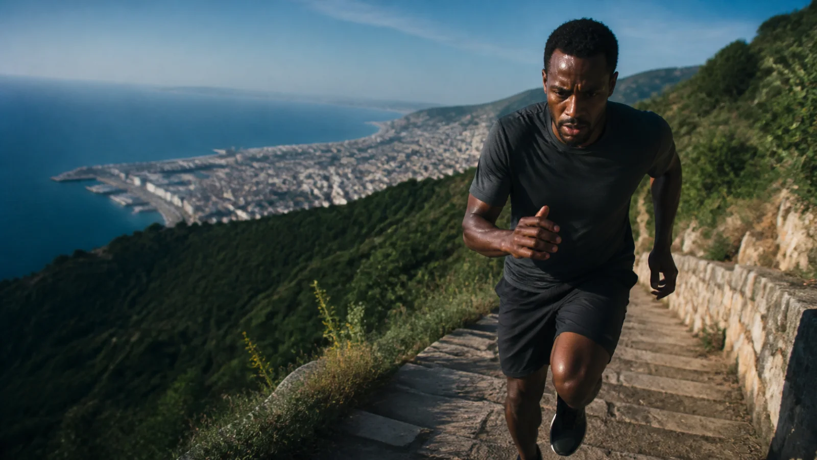 A man runs up coastal steps in the morning light.