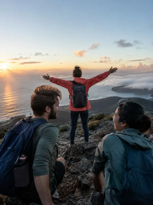 Three hikers enjoying the view from a coastal summit at sunrise