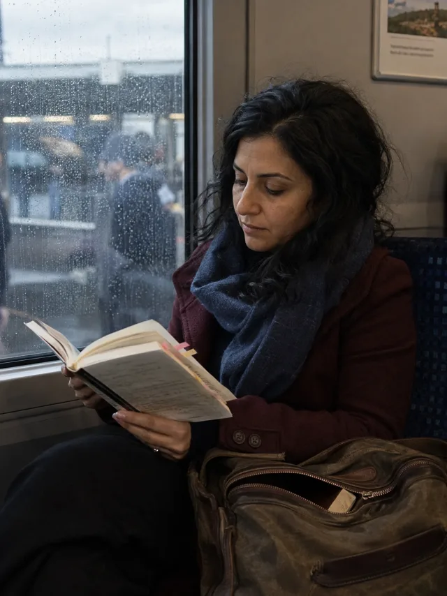 A passenger reading a book beside a train window