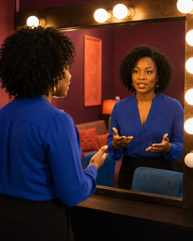 A woman speaking to herself in a mirror