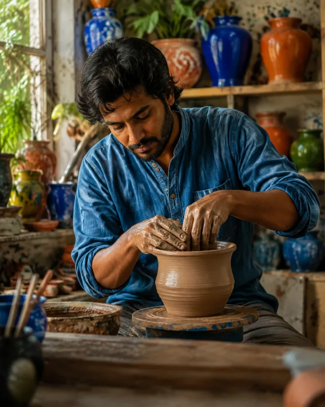 A man shaping a piece of clay in a colourful studio
