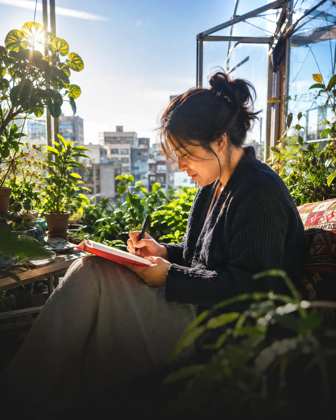 A woman writes a reflection in a sunny, plant-filled room.