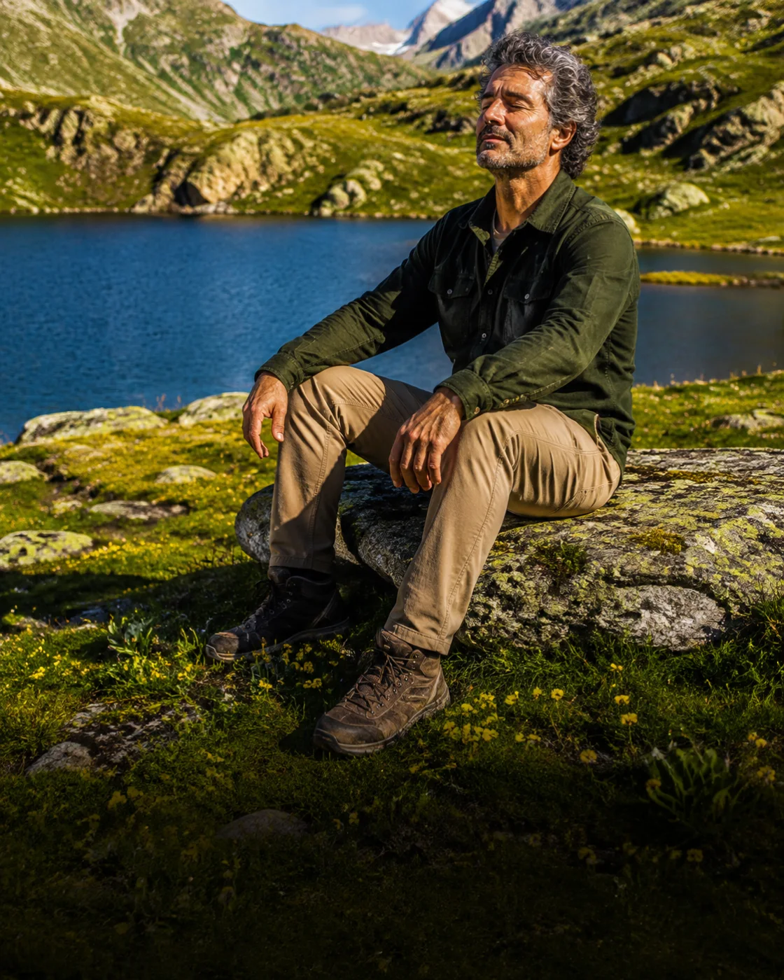 Një burrë mediton në qetësi pranë një liqeni alpin