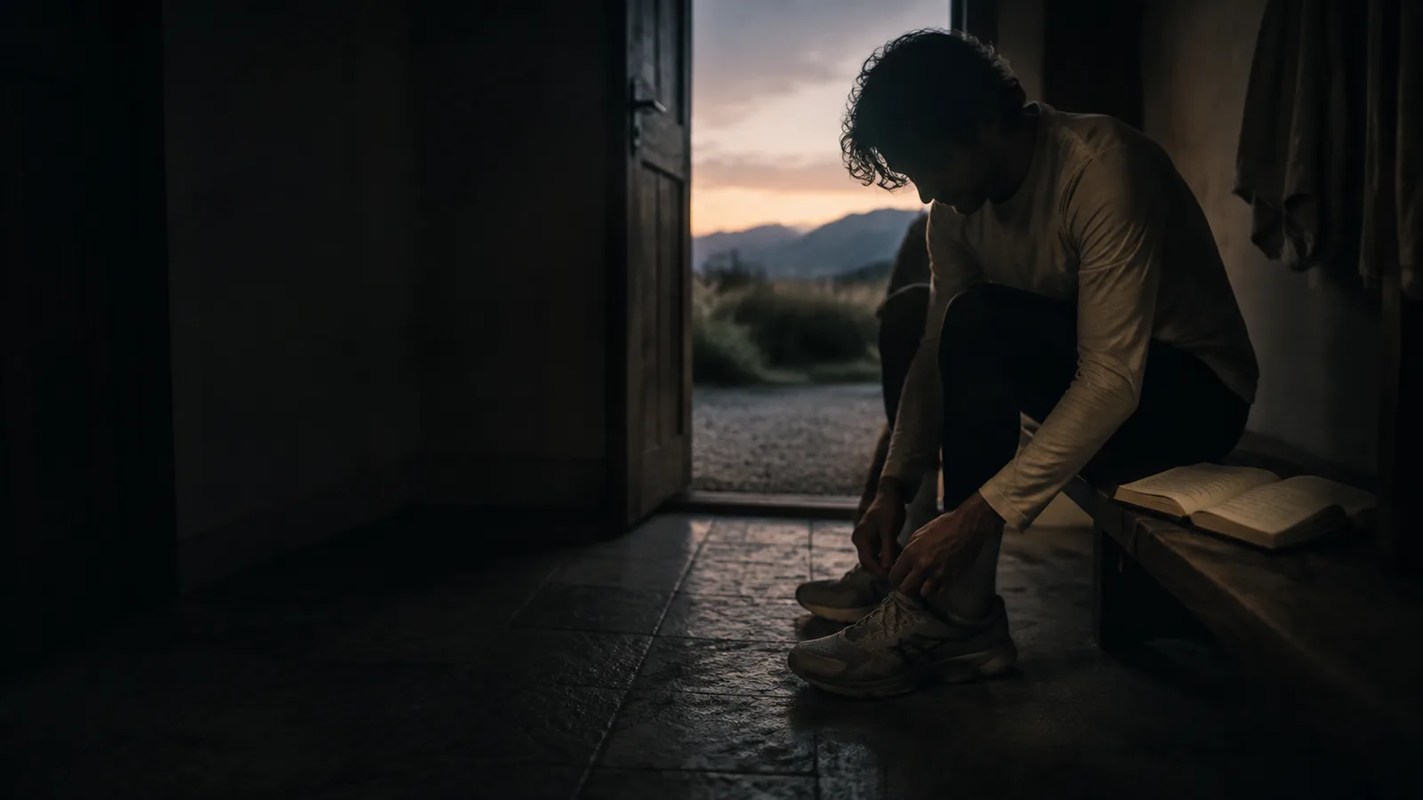 A woman ties her running shoes by an open door in the early morning.