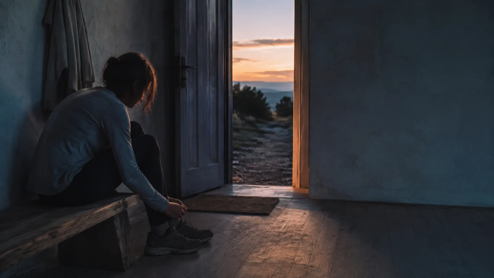 A person putting on running shoes beside an open door at dawn