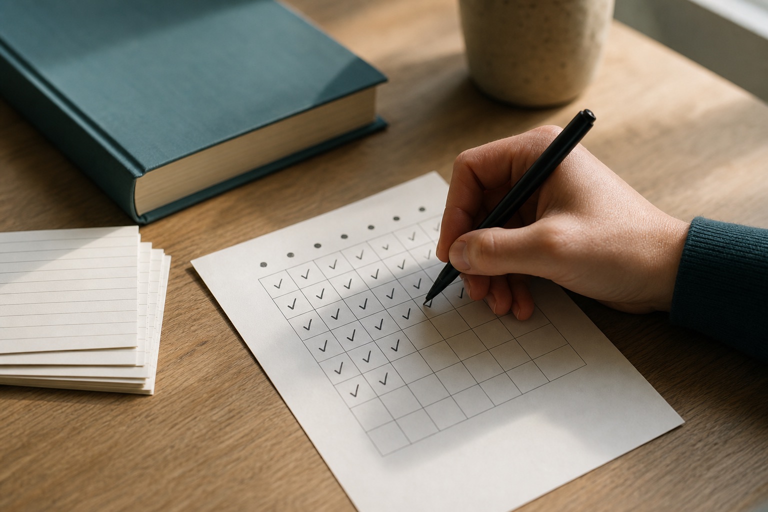 A hand marking a habit grid on a quiet desk: each completed action becomes evidence for the identity you are building