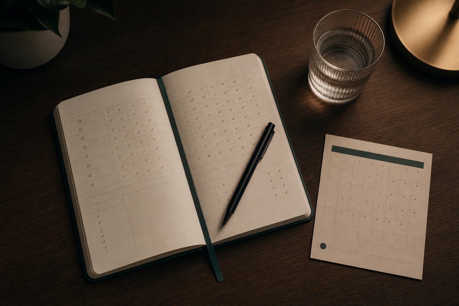 An open journal with a habit ledger under warm lamplight: the never-miss-twice rule protects the pattern