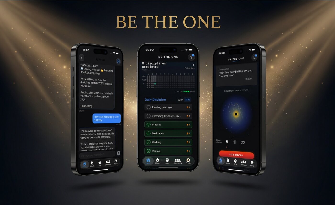 BE THE ONE App - Daily Rituals, Community, and Identity Transformation screens