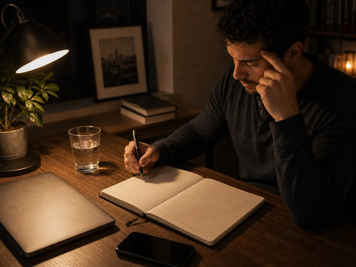 A man reflecting in a notebook at a desk lit by a warm reading lamp