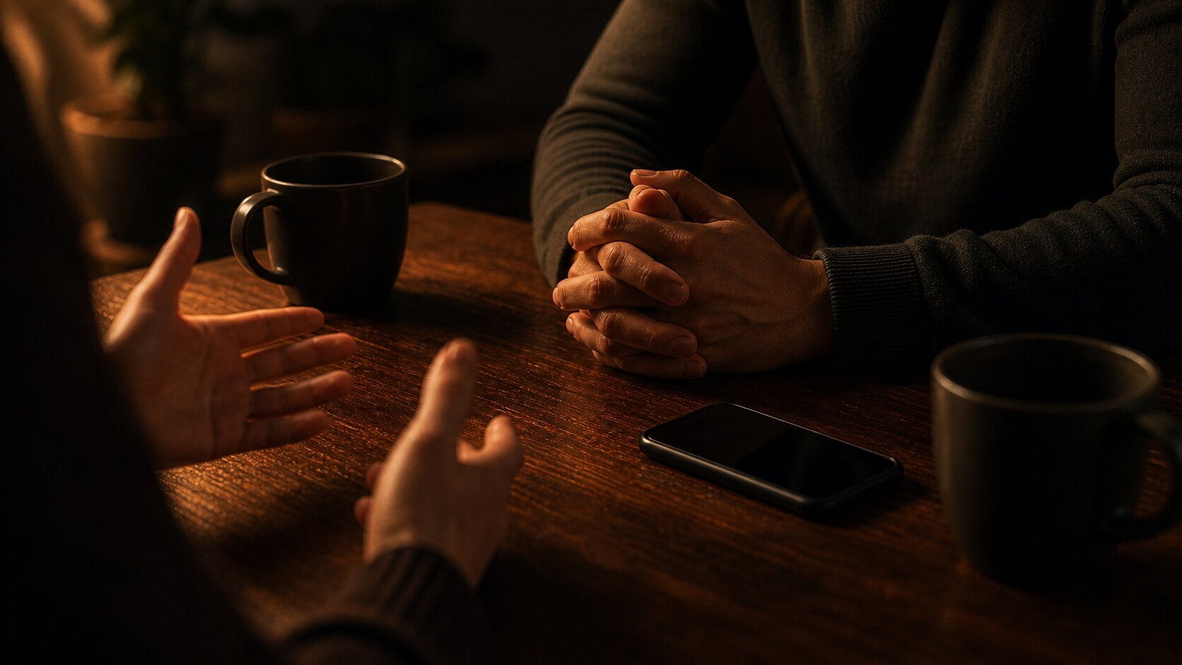 A person practicing active listening skills across a table in warm low light