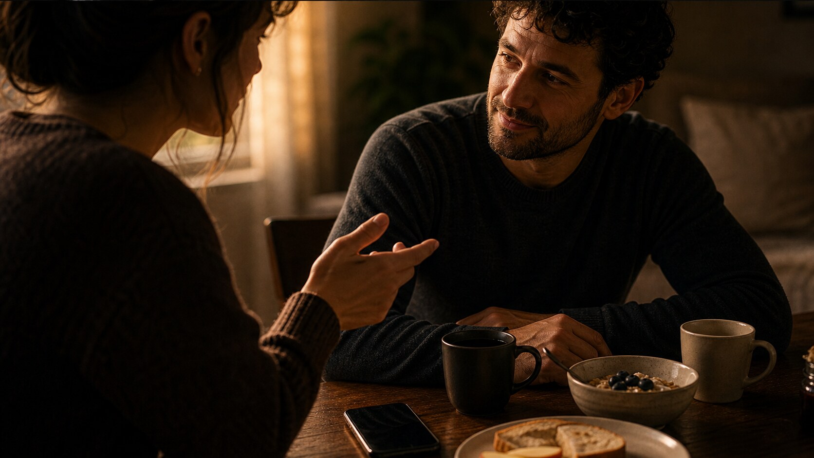 Relationship effort shown in two coffee cups at a kitchen table at dawn