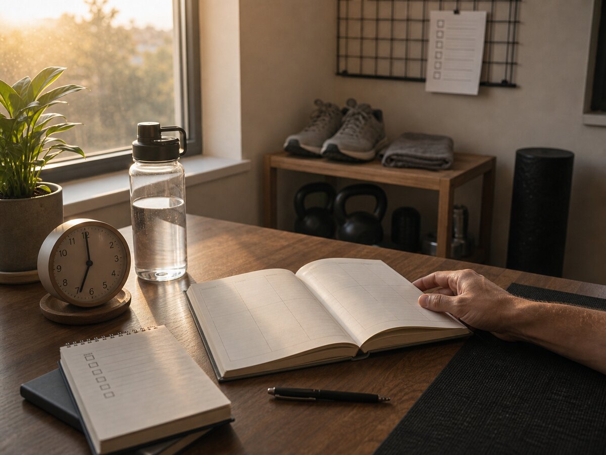 Morning desk with an open book, clock, water, and training shoes ready for the first work session