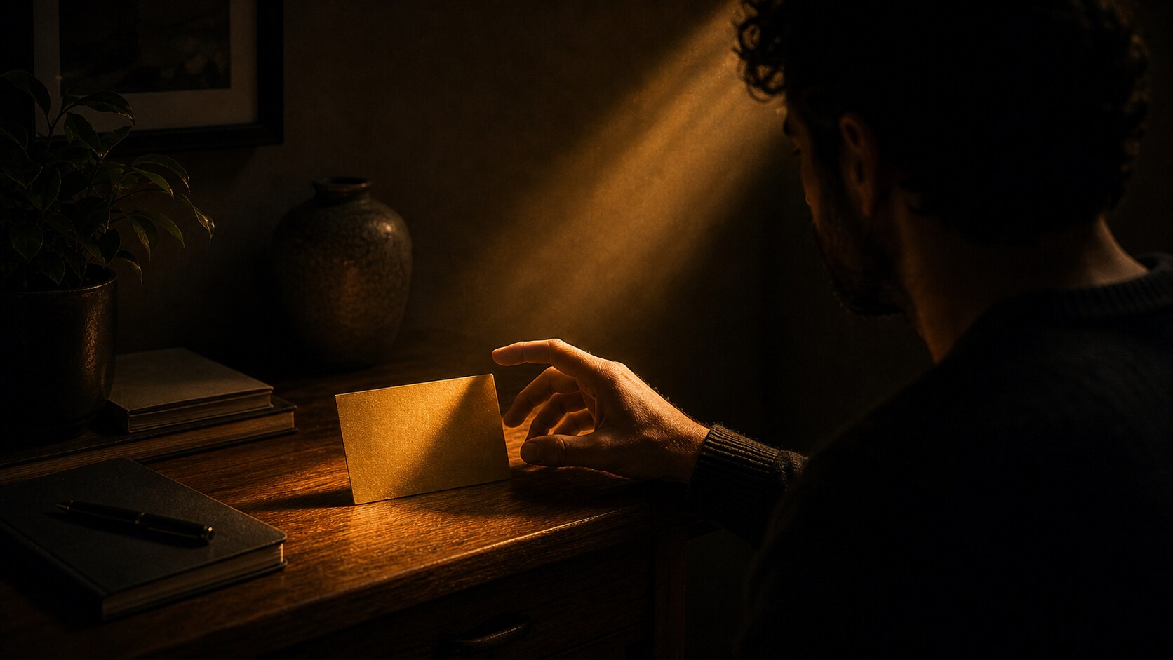A notebook and reflection cards on a quiet desk: the gold in the shadow becomes real when the pattern is written down