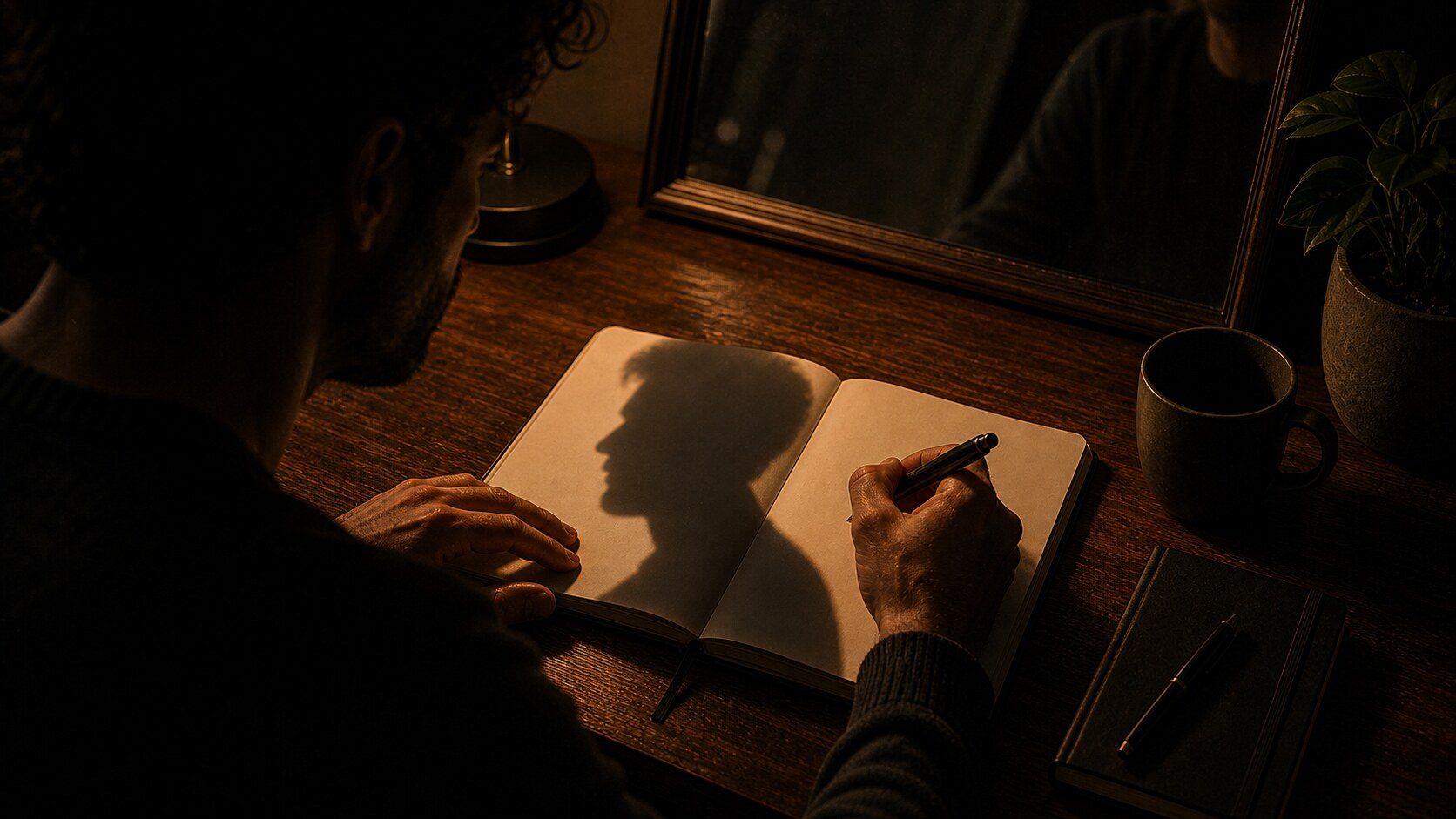 A person journaling beside their own shadow: the shadow self surfaces when you face what you have disowned
