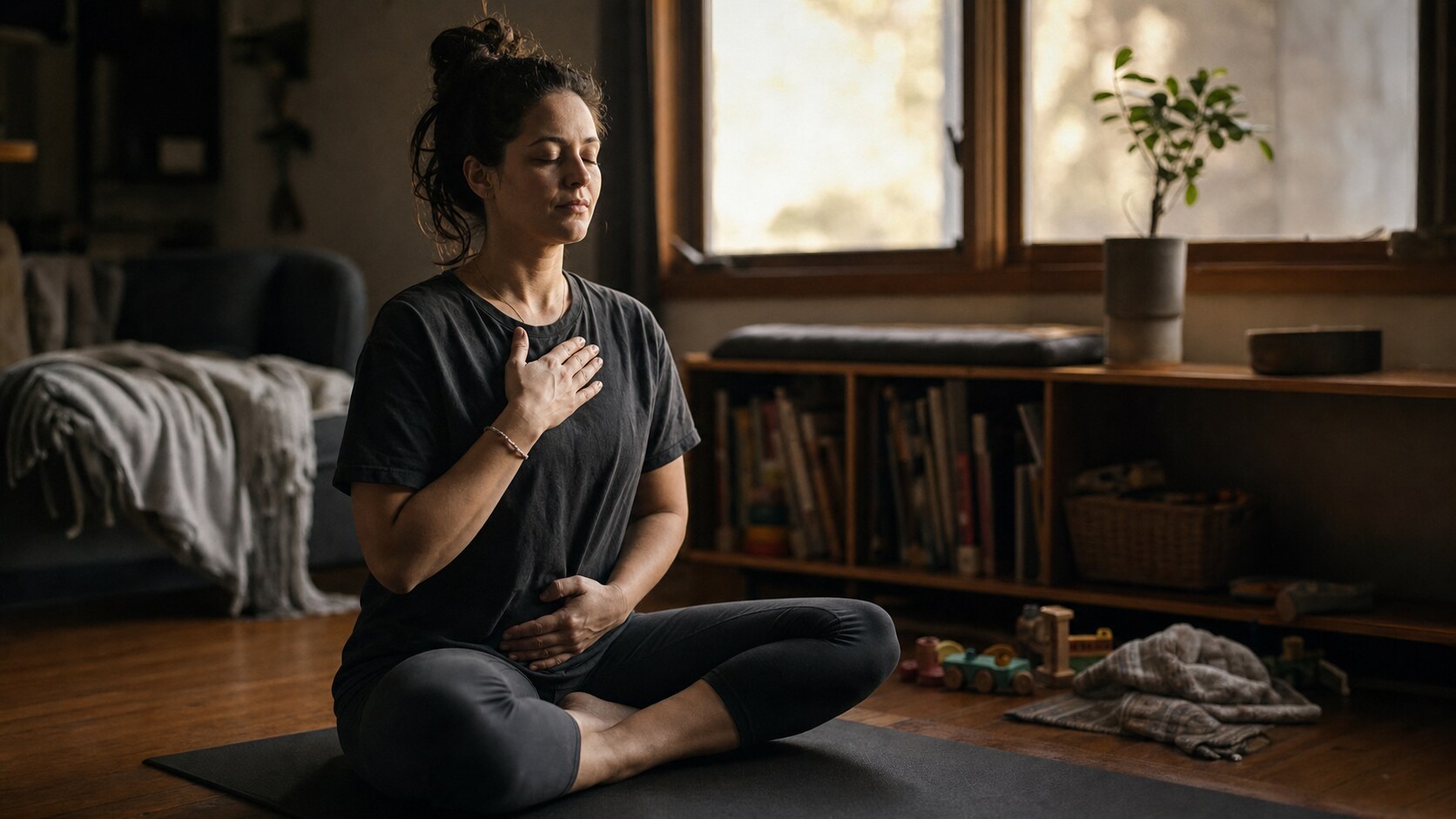 A mother practicing breathwork in a calm room at dawn