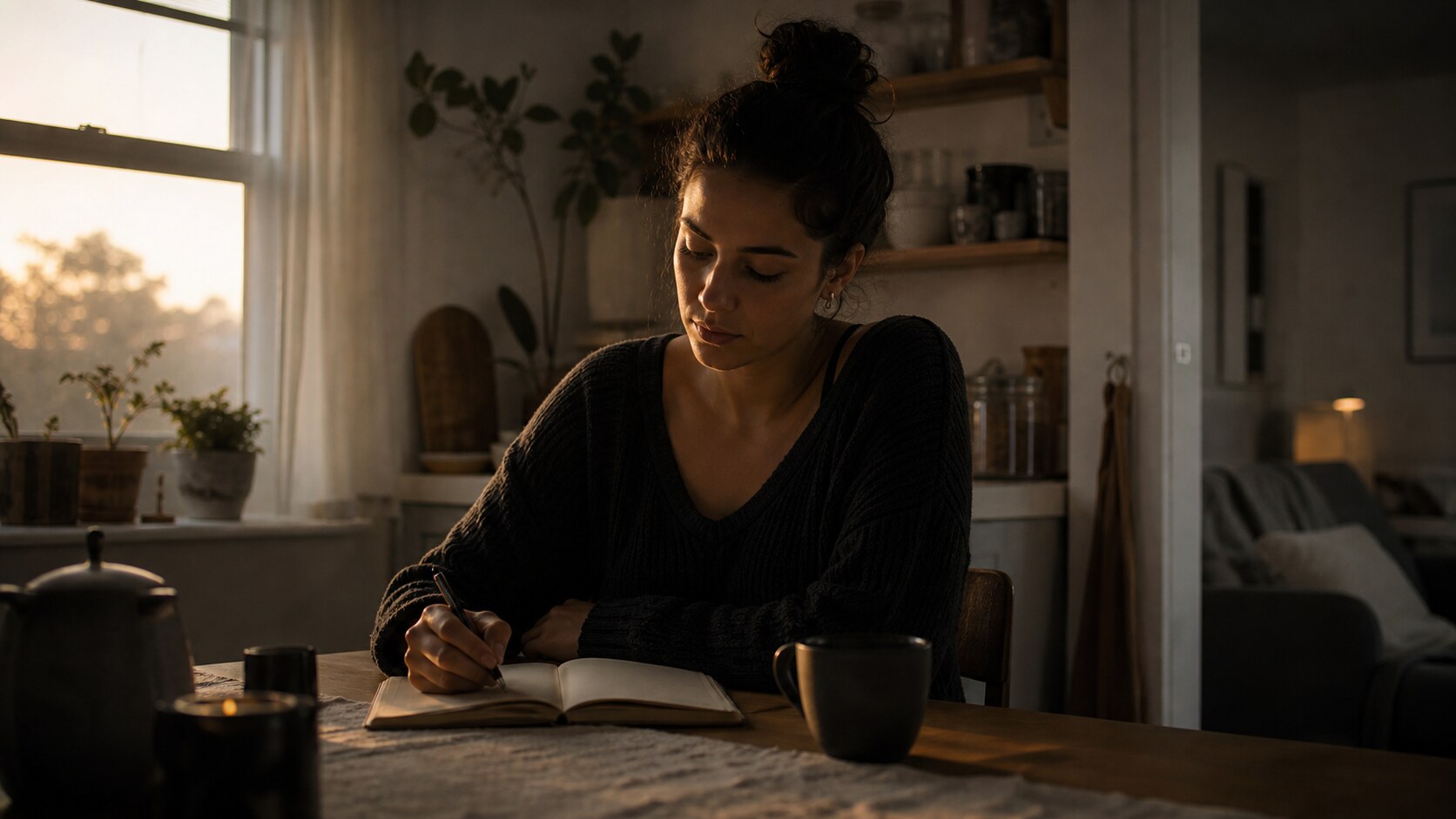 A mother writing in a notebook during a quiet morning moment