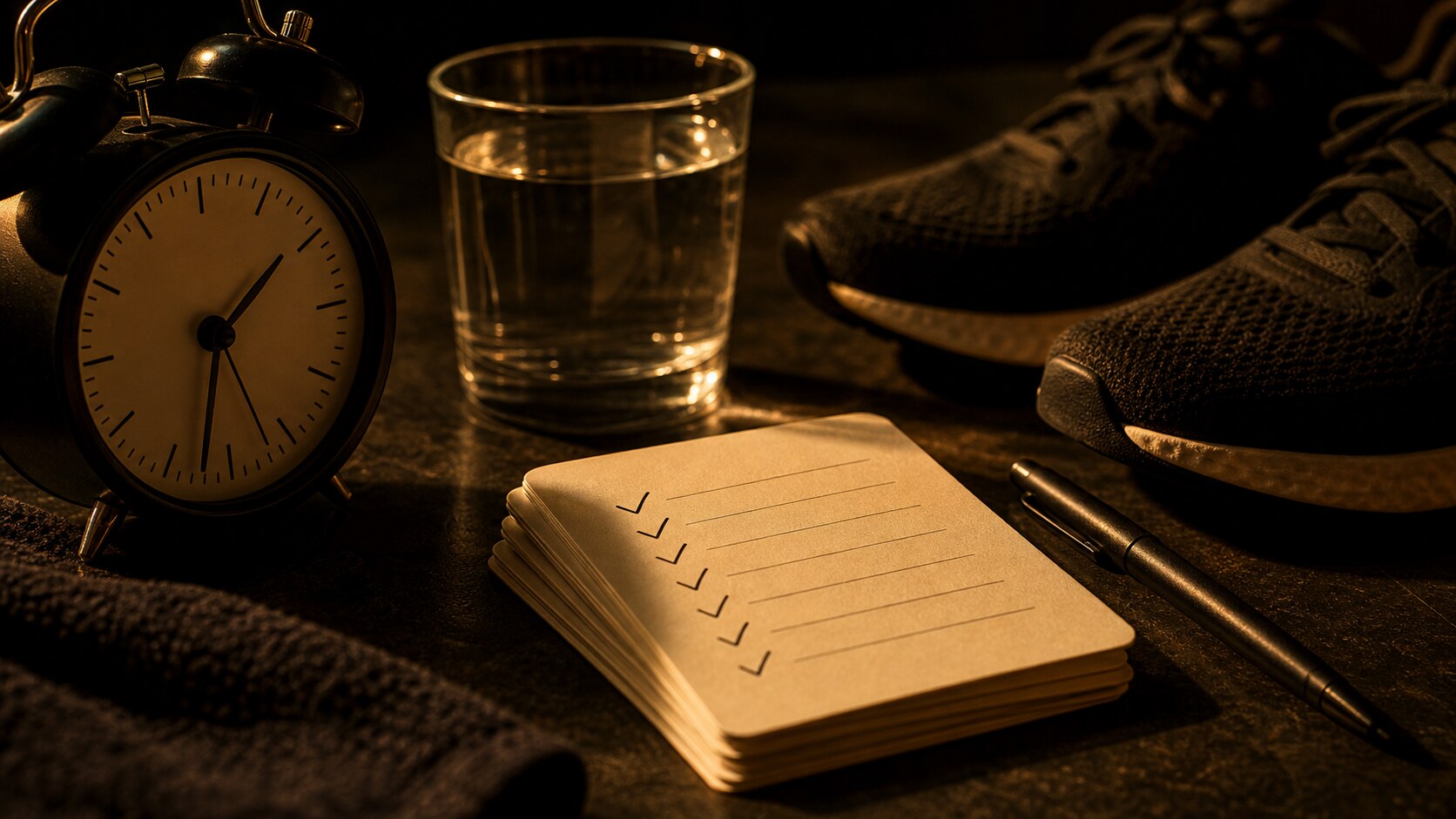 A repeatable discipline system arranged with shoes, clock, water, and habit cards