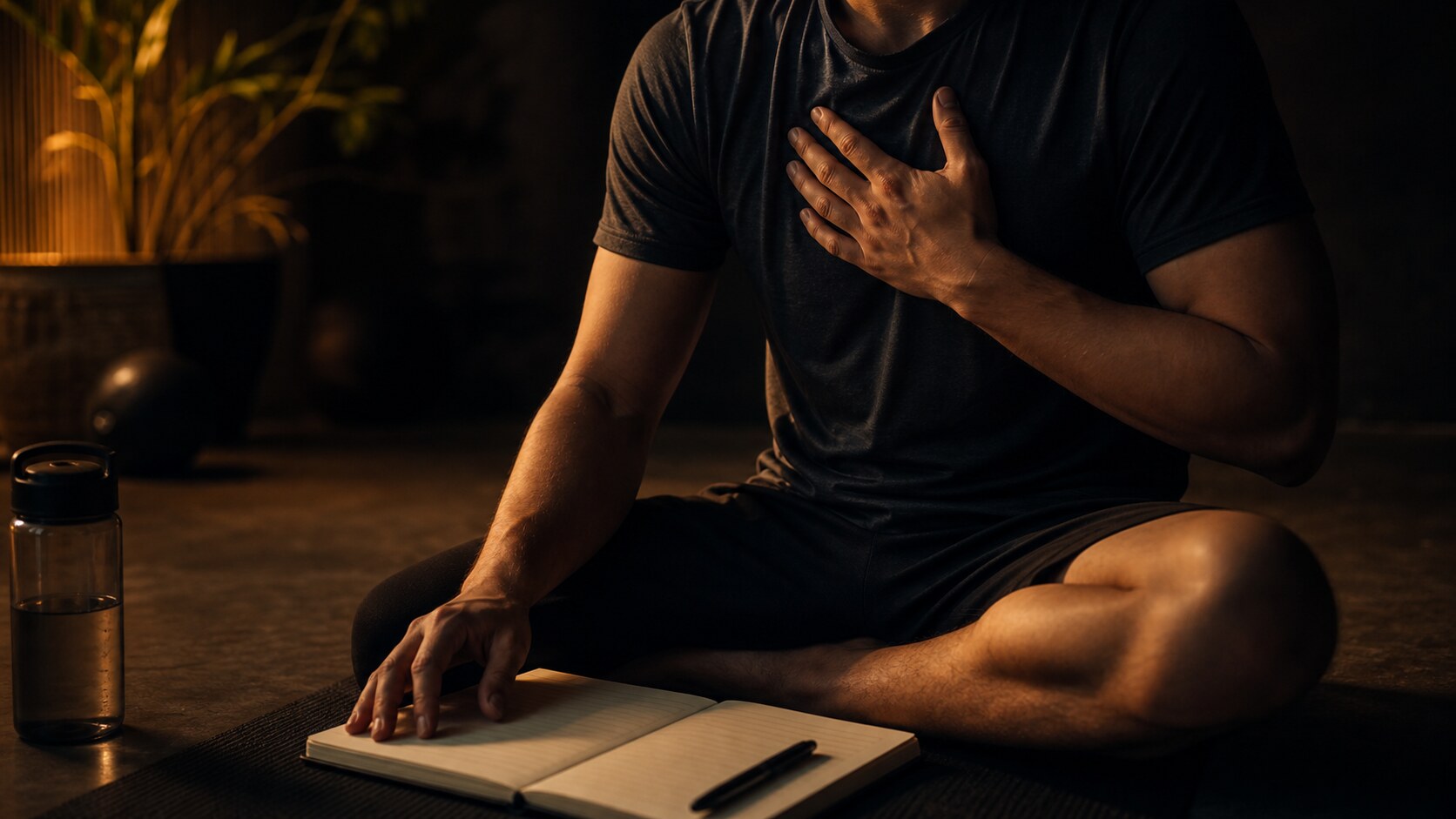 A body-signal decoding practice with one hand on the chest and a notebook nearby