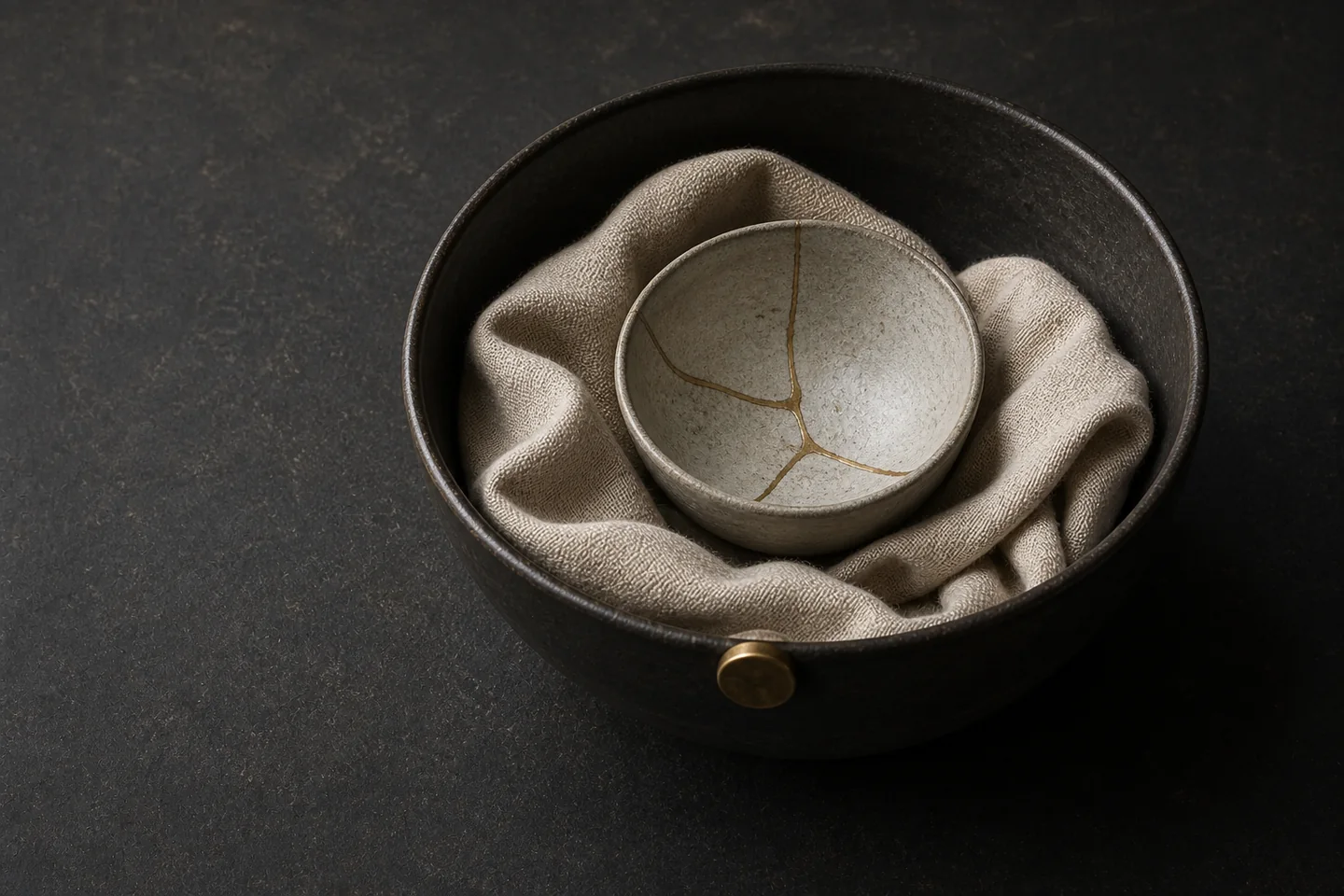 A repaired ceramic bowl held safely inside a larger bowl and soft cloth, symbolizing adult protection and ordinary care