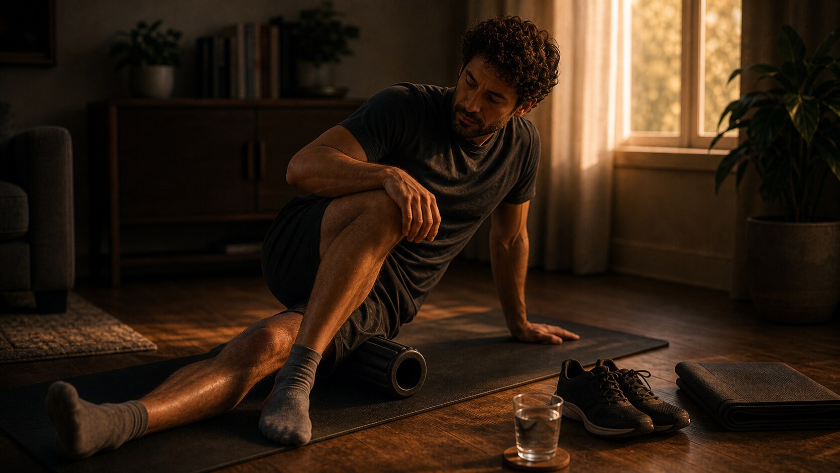 An athlete on an easy active recovery walk in low gold light