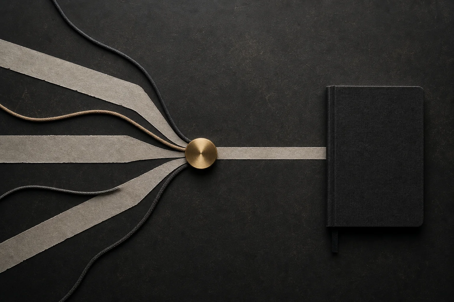 An original editorial still life showing many inputs resolving through one trusted hub into a single notebook