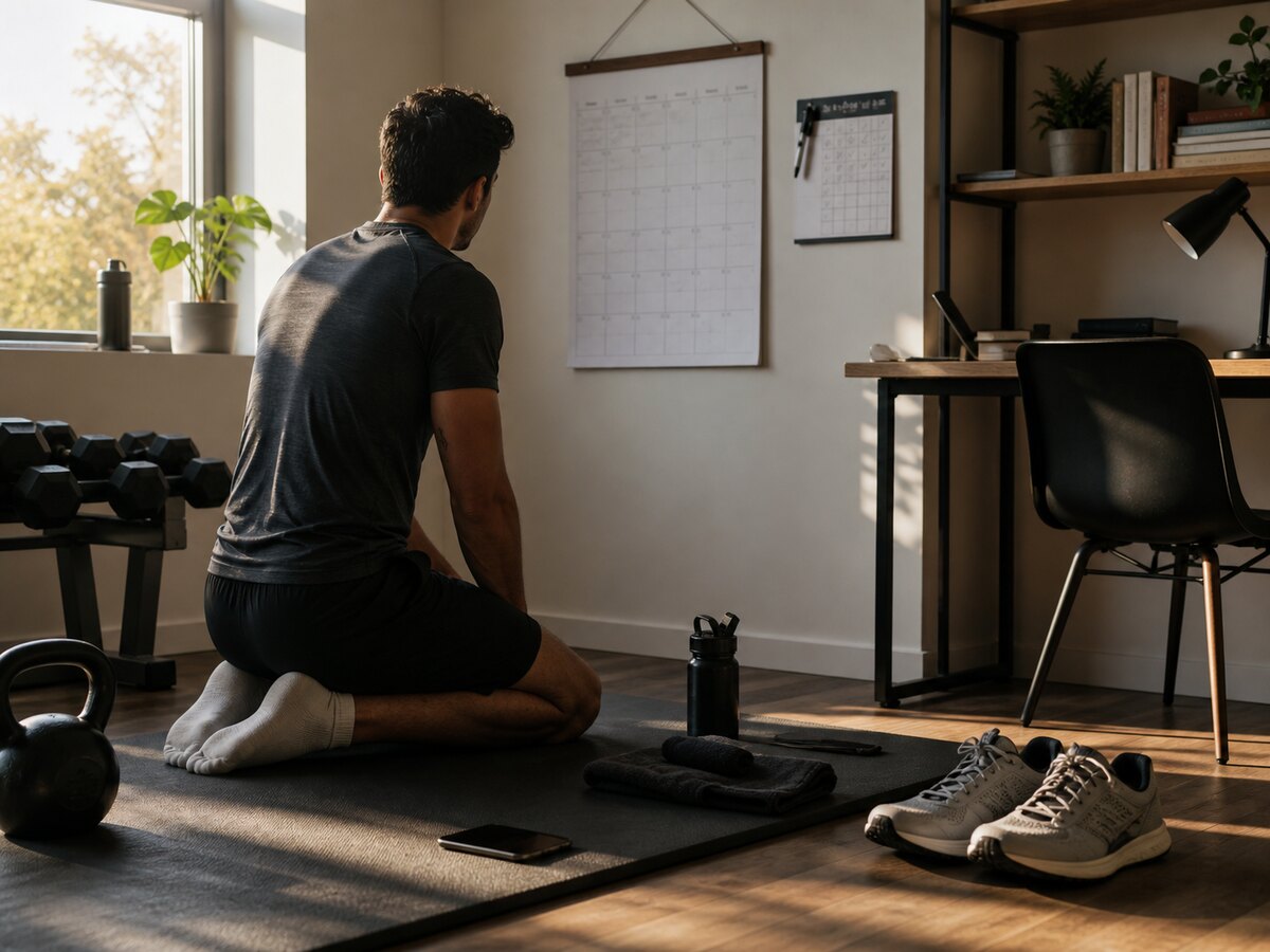 Daily practice as a standing standard beside a habit calendar and focused work corner: structure is the wall that protects the work