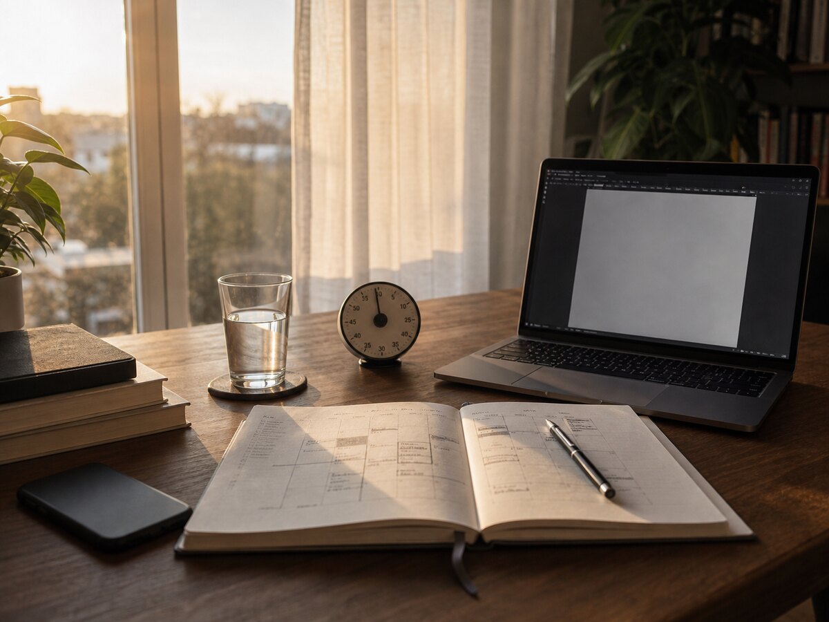 A protected morning work setup with a timer, planner, water, and phone outside the work zone: structure protects creative work from the day's colonization